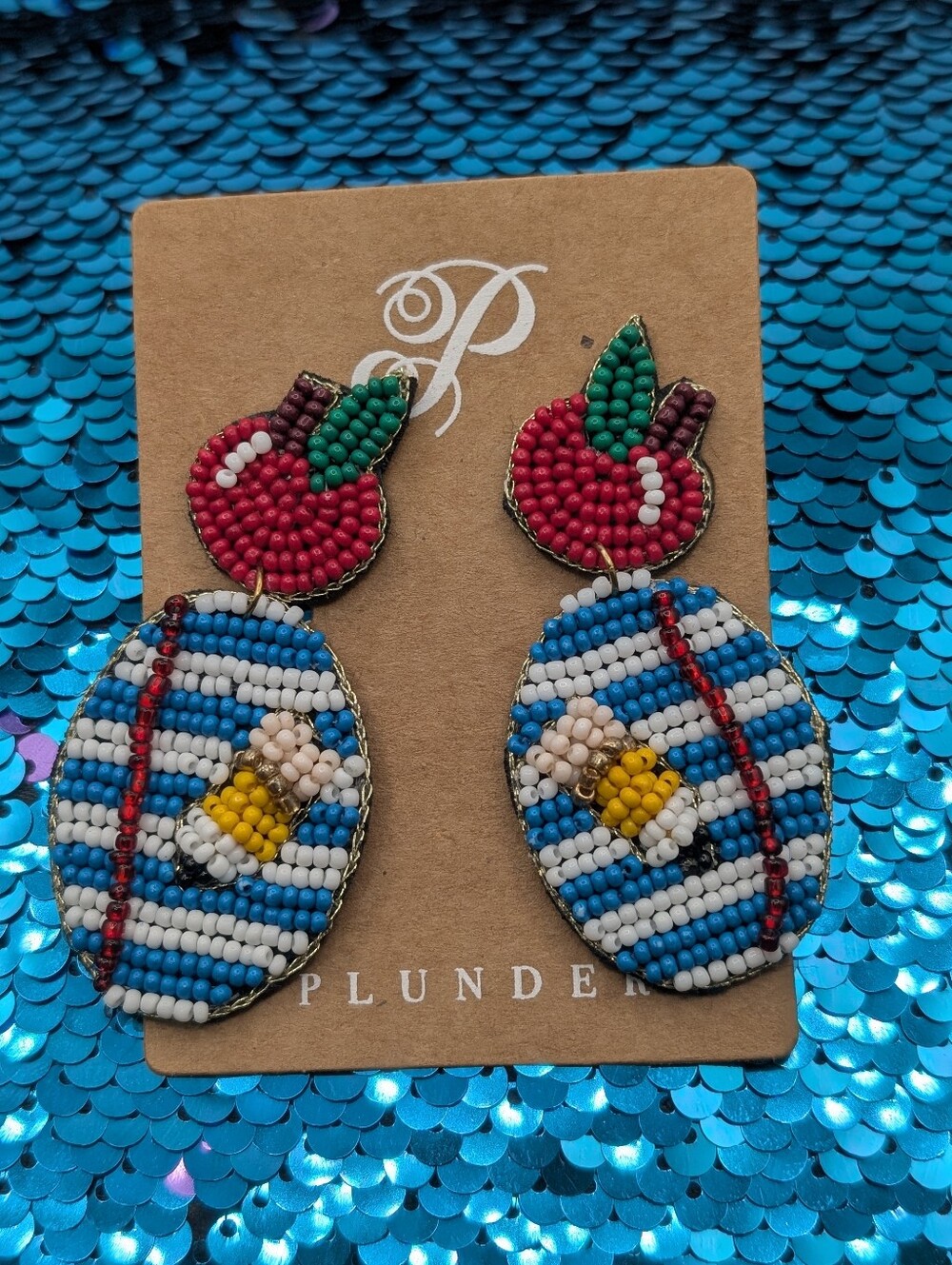 Plunder Red Apple & Blue-White Striped Beaded Drop Earrings School Theme NEW!